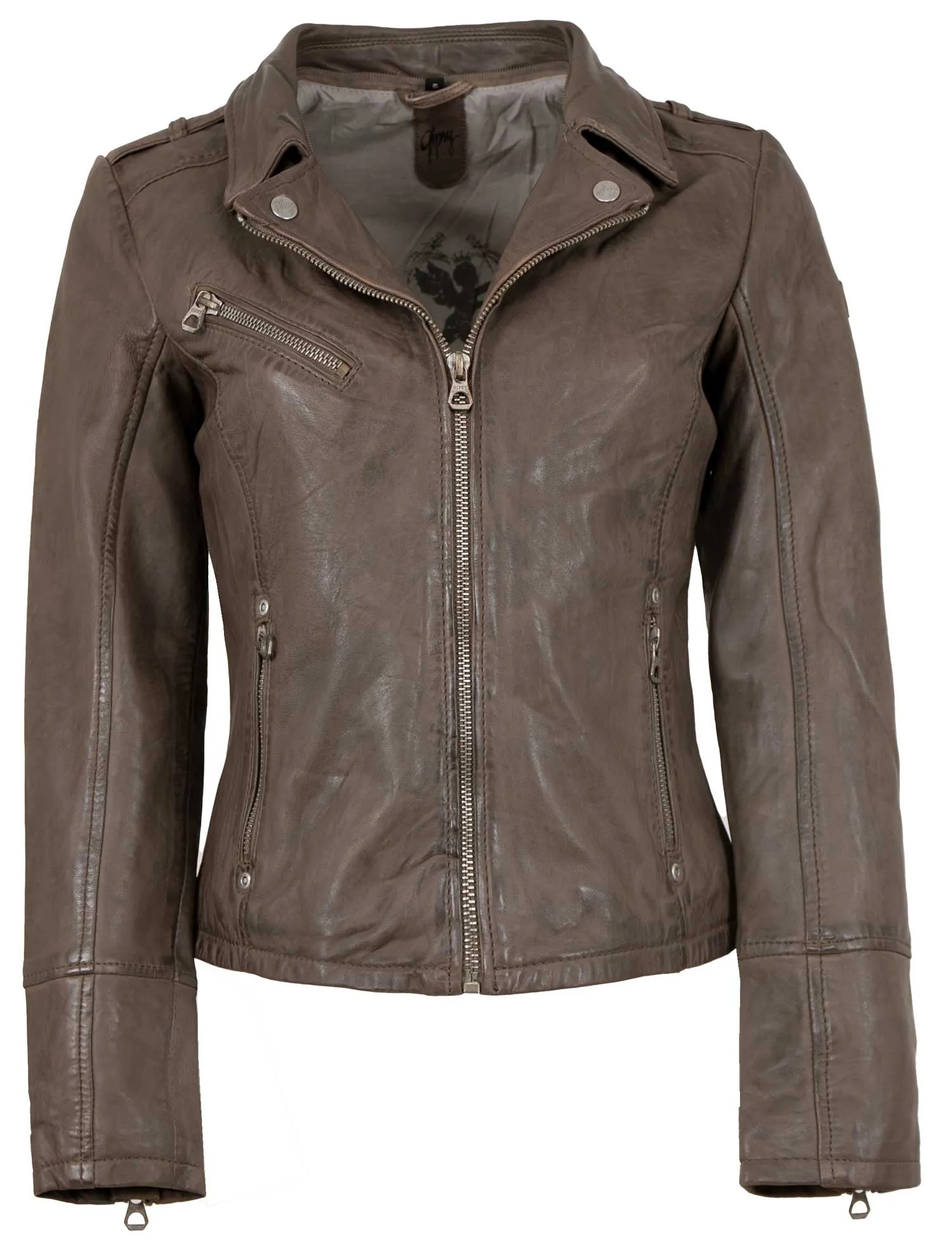 Gipsy - Damen Lederjacke Lammnappa Kapuze grey