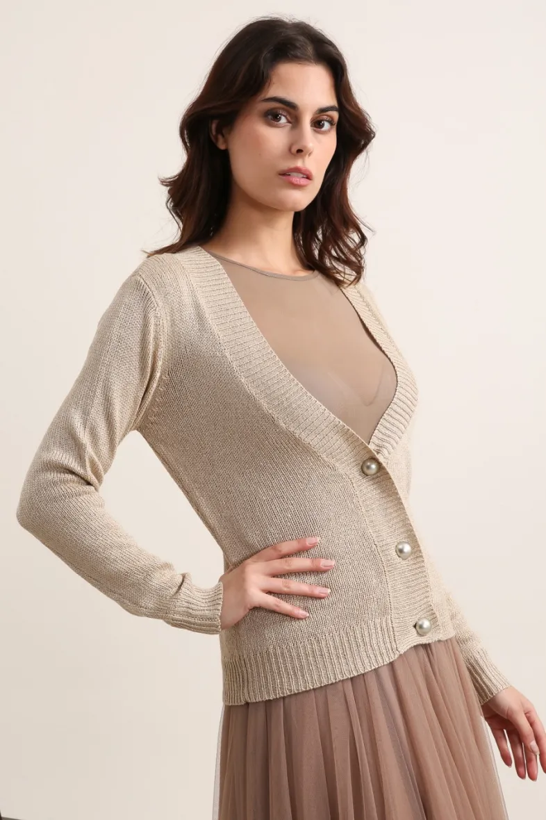 Metallic-Strickpullover mit V-Ausschnitt